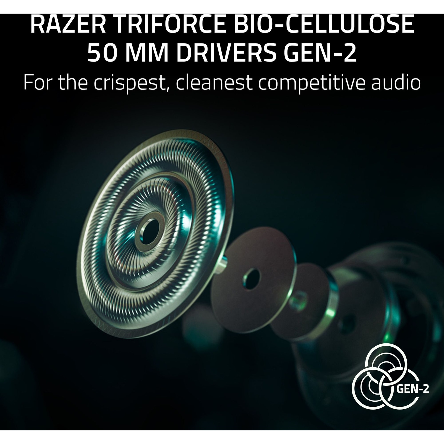 Gros plan d'un composant de haut-parleur avec texte: Razer Triforce Bio-cellulose 50mm Drivers Gen-2. Audio clair. Logo en bas.