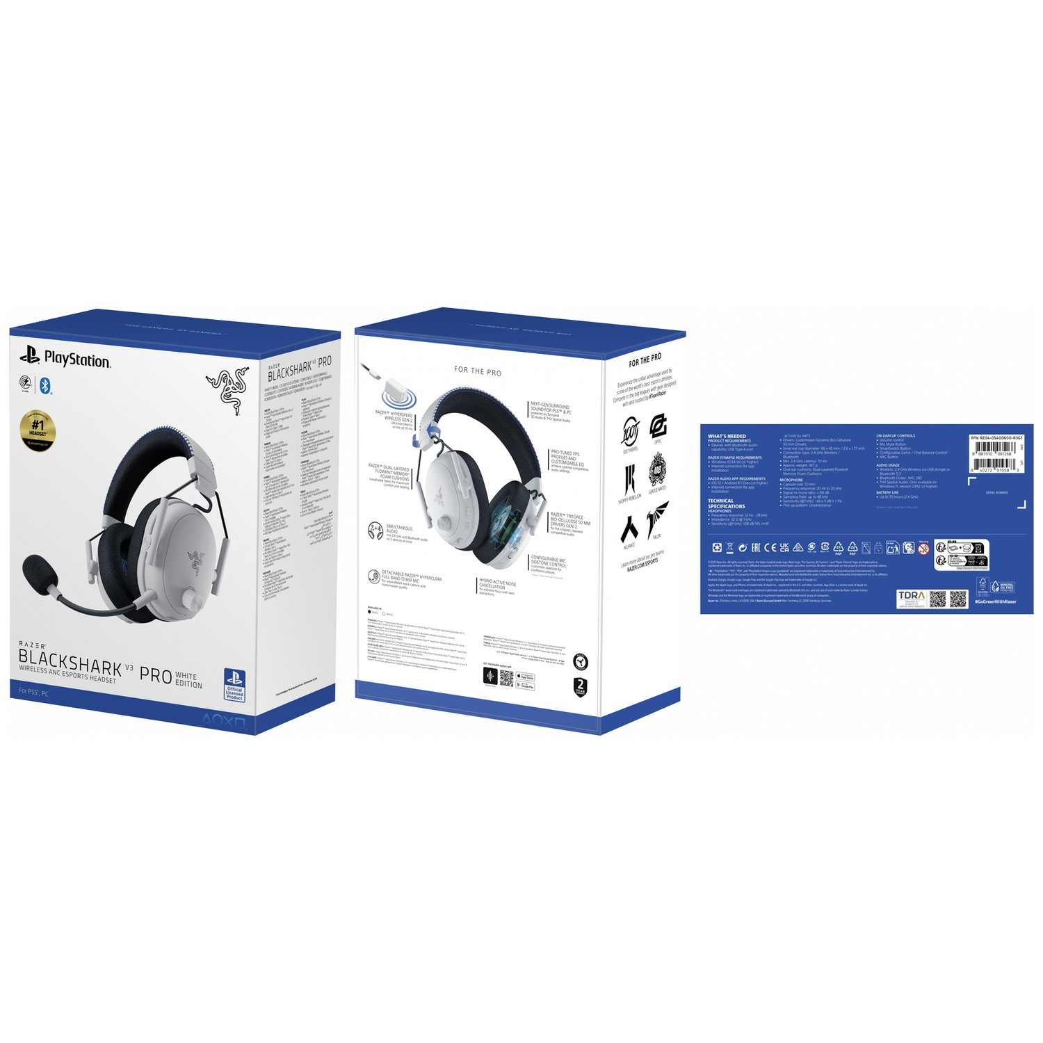Boîte blanche du casque Razer Blackshark V3 Pro. La boîte présente le casque et ses caractéristiques.