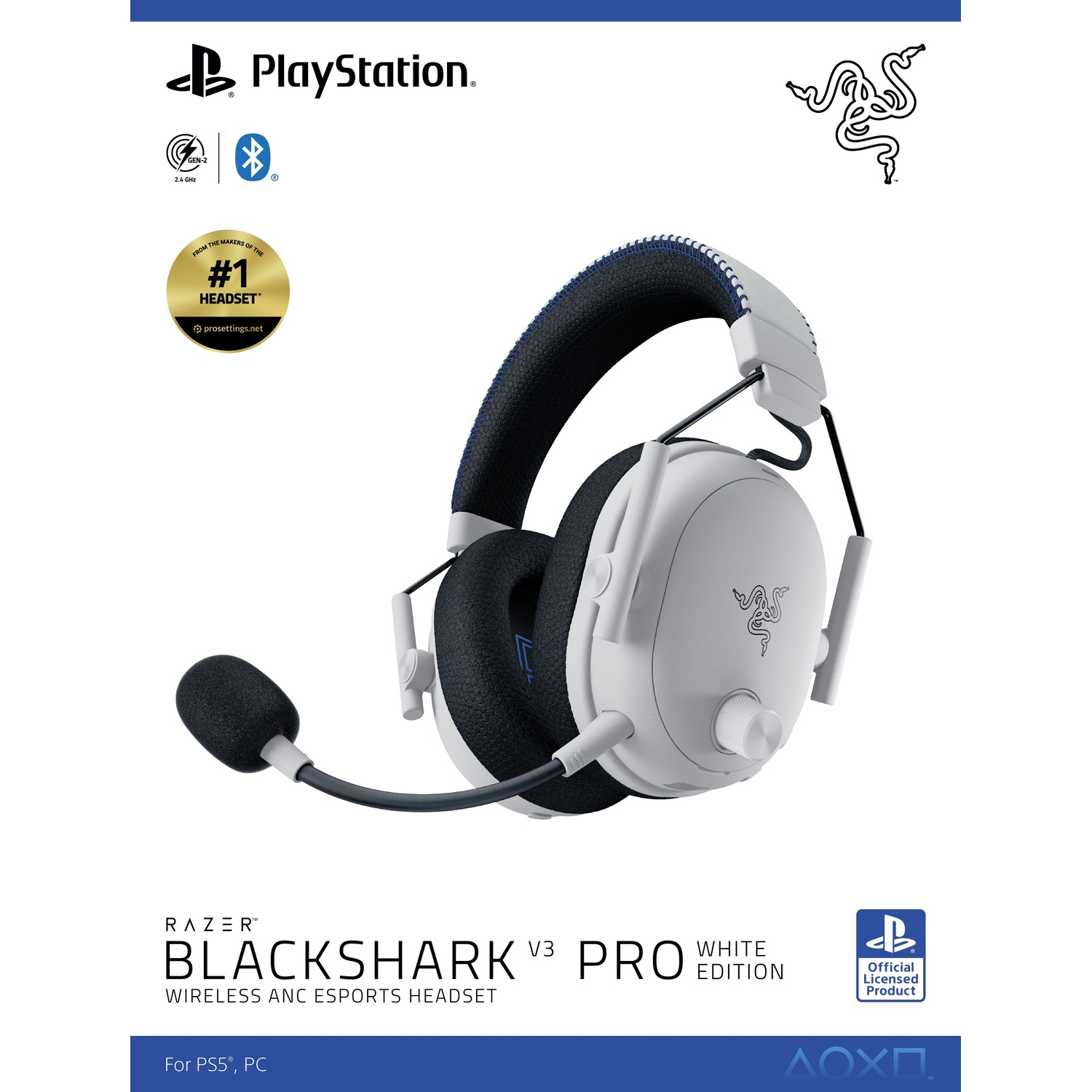 Casque Razer Blackshark V3 Pro blanc. Comprend un microphone, logo PlayStation et Razer. Texte: Wireless ANC Esports Headset.