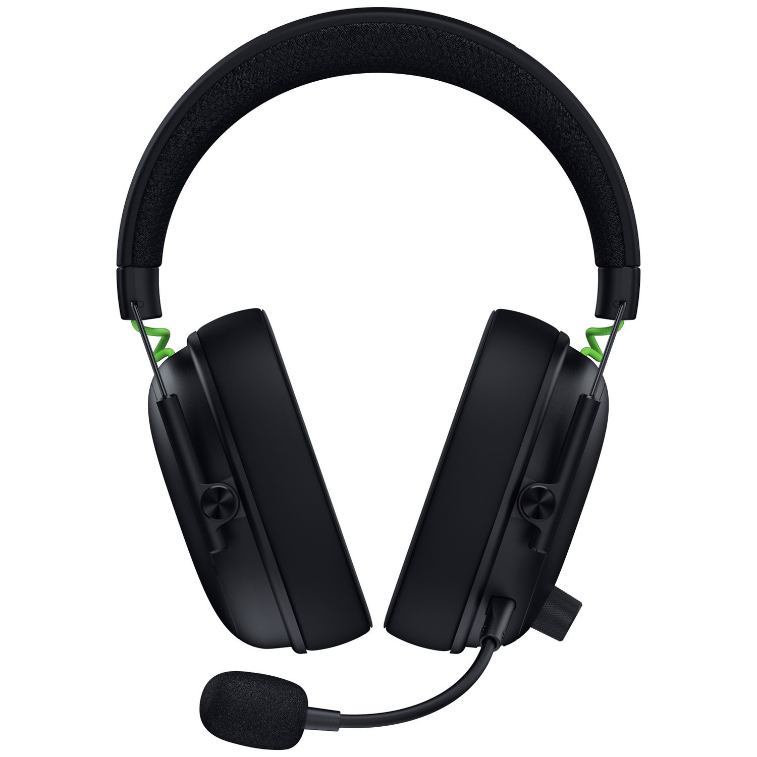 Zwarte gaming headset met een microfoon. Het heeft groene accenten en een gewatteerde hoofdband. De achtergrond is wit.