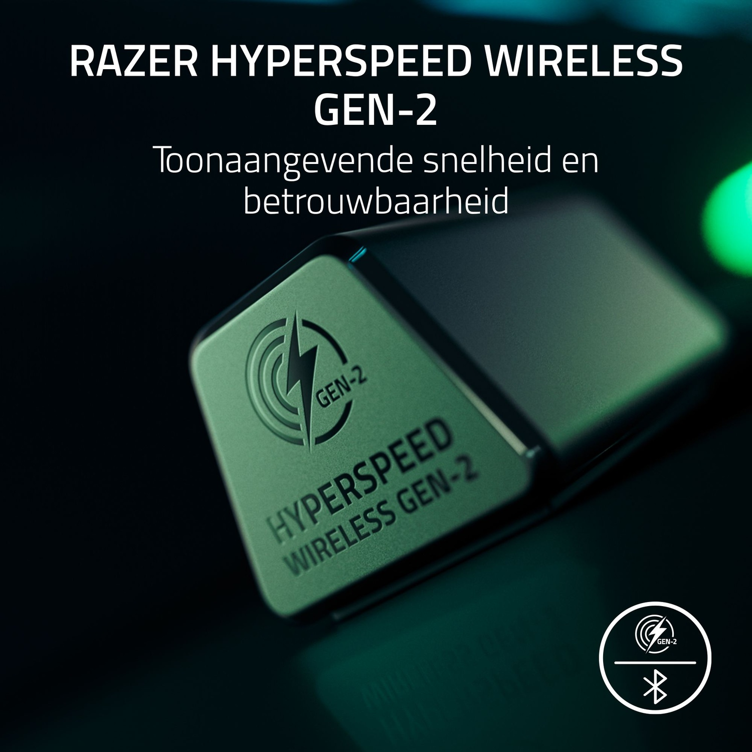 Afbeelding toont een Razer Hyperspeed Wireless Gen-2 product. Tekst benadrukt snelheid en betrouwbaarheid. Productdetail op de voorgrond.