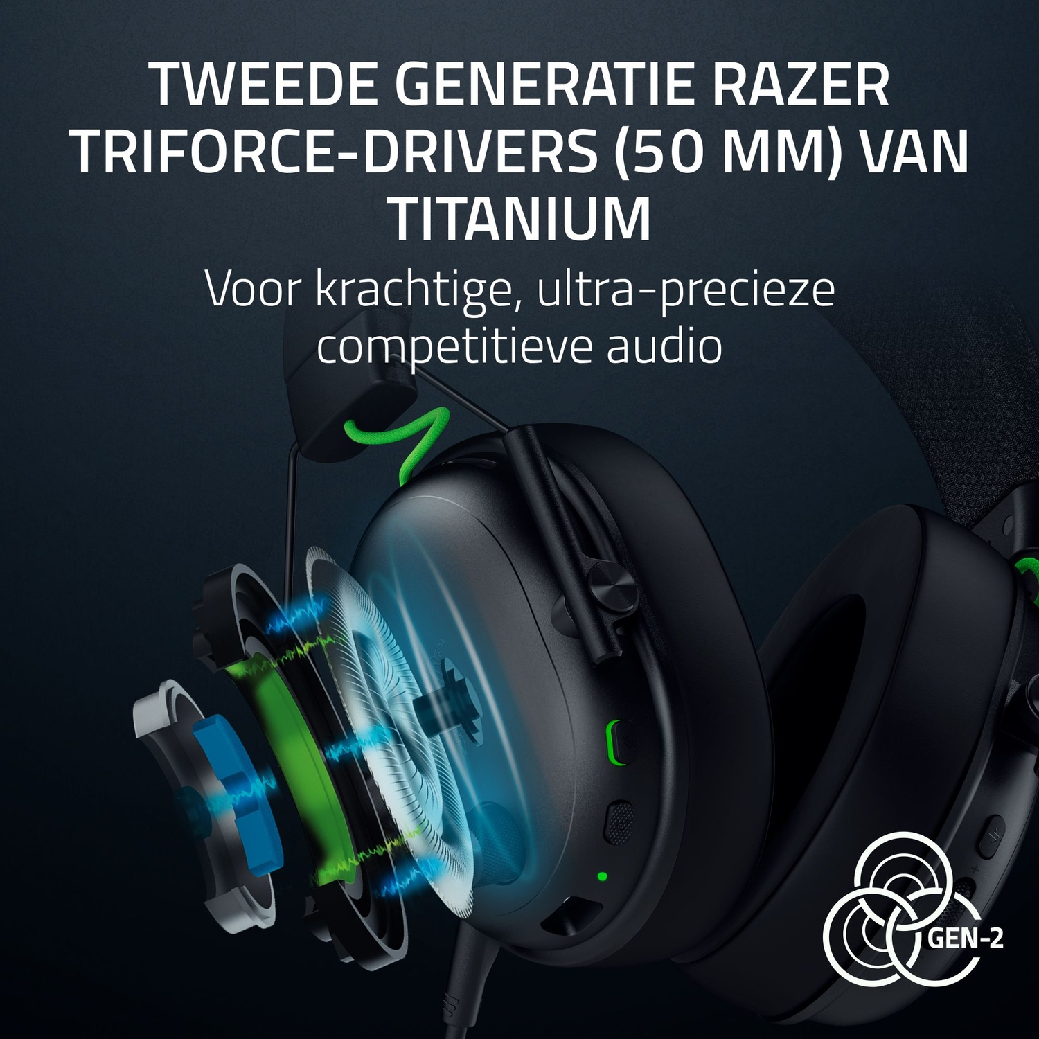 Zwarte Razer-koptelefoon met zichtbare interne componenten. Tekst luidt 'TWEEDE GENERATIE RAZER'. Groene accenten en Gen-2-logo zijn zichtbaar.
