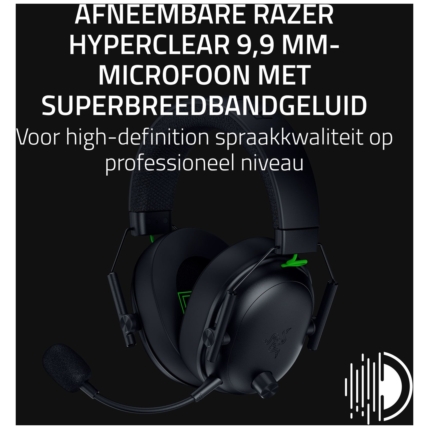 Zwarte Razer-headset met microfoon, witte tekst: Hyperclear-microfoon. Zwarte achtergrond. Rechterkant: geluidsgolvenlogo.