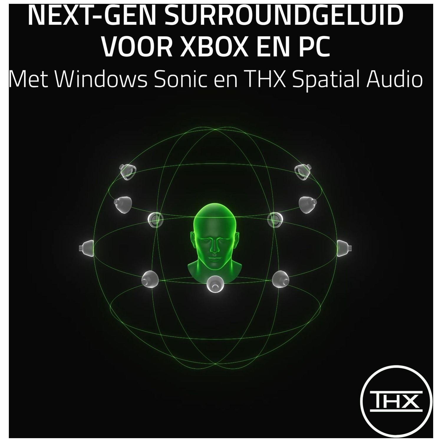 Afbeelding toont een groene kop omringd door luidsprekers. Tekst luidt 'Next-Gen Surround Sound voor Xbox en PC' en 'THX Spatial Audio'.