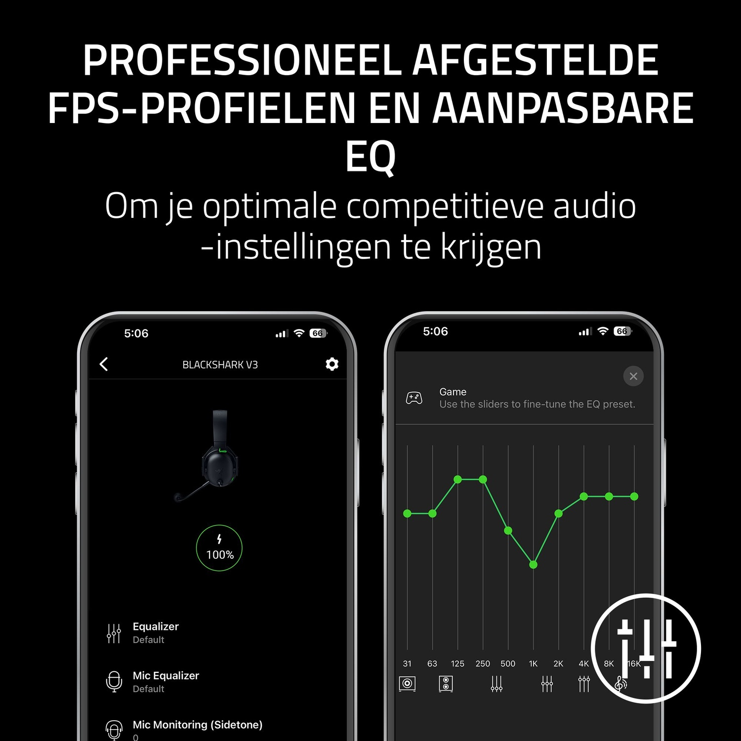 Twee telefoons tonen audio-instellingen. Links een headset. Rechts een EQ-grafiek en schuifregelaars.