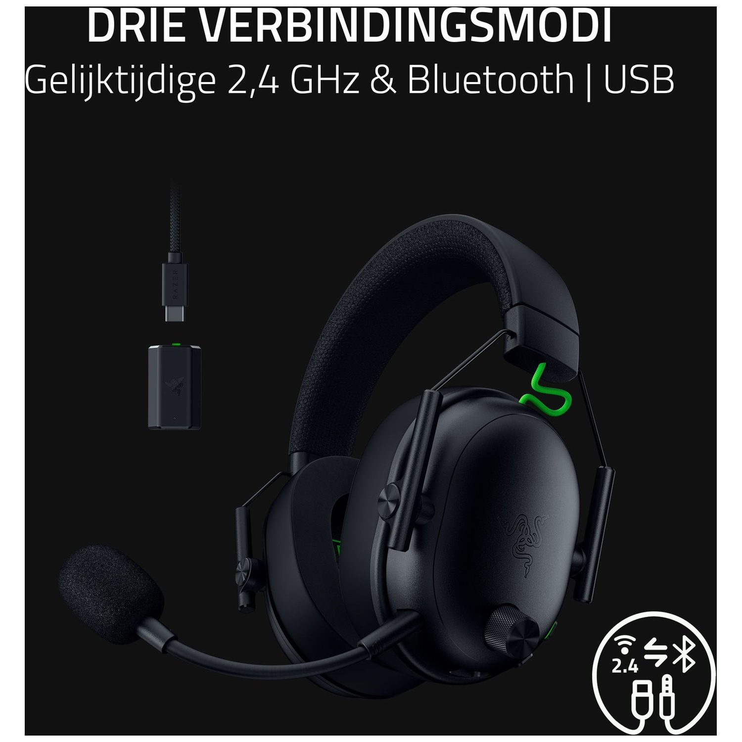 Zwarte Razer headset met microfoon, draadloze adapter en USB-kabel. Tekst: Drie verbindingsmodi. 2,4 GHz, Bluetooth, USB.