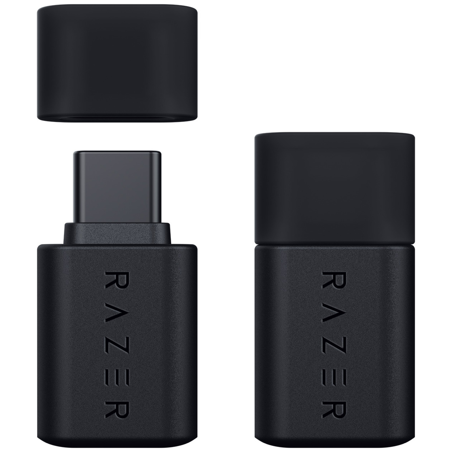 Zwarte Razer USB-C dongle met losse dop. Het Razer-logo is zichtbaar. De dongle staat op een witte achtergrond.