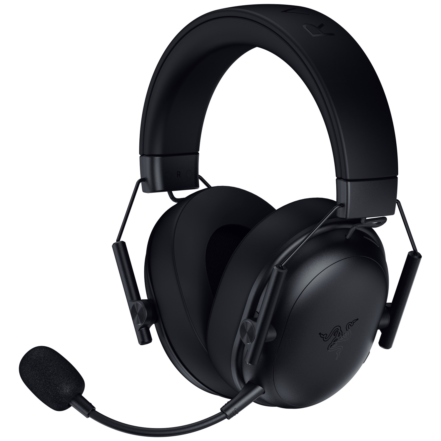 Zwarte Razer gaming headset met een microfoon. De headset heeft grote oorschelpen, een hoofdband en een flexibele microfoonarm.