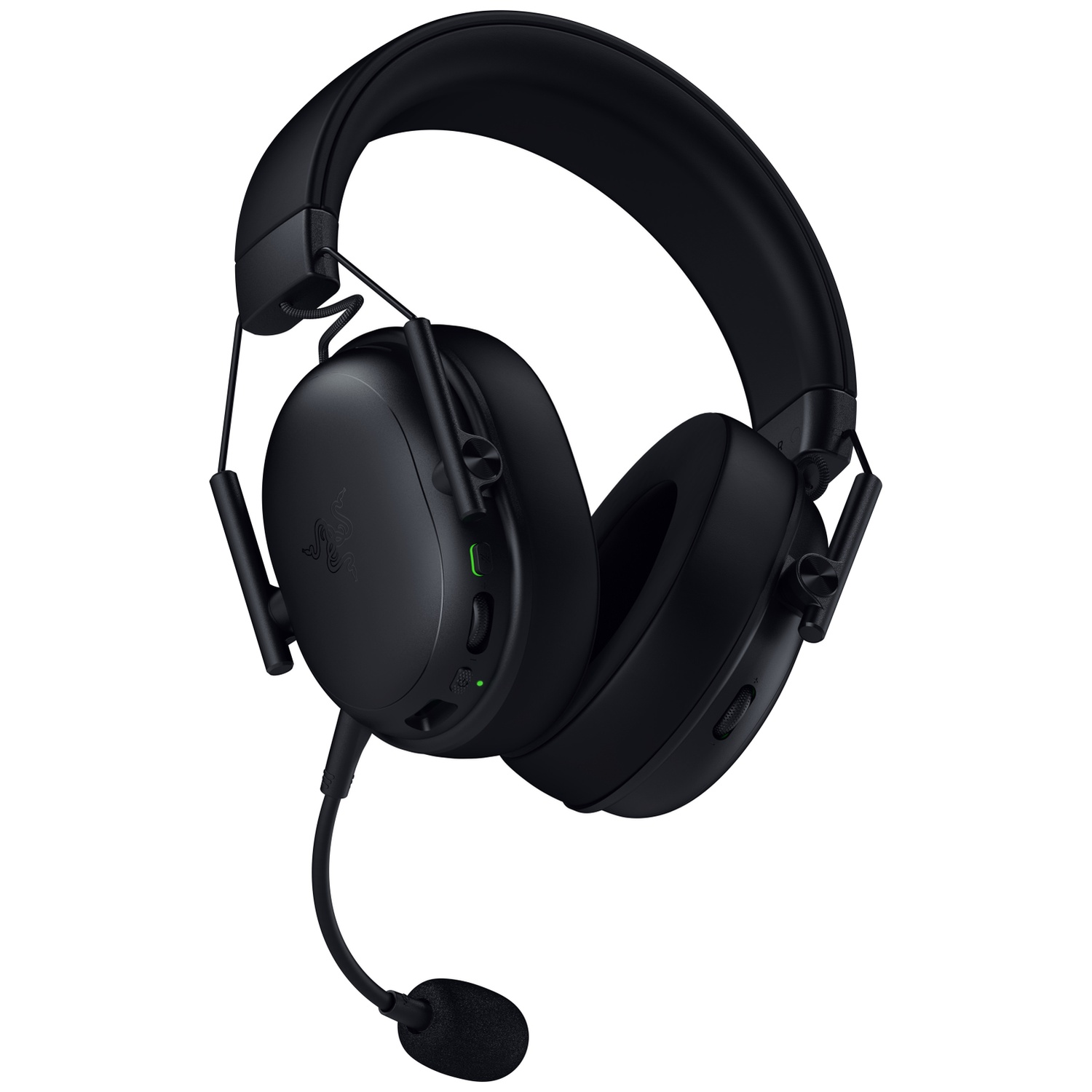 Zwarte draadloze Razer-headset met microfoon. De headset staat op een witte achtergrond, iets gekanteld, met de oorschelpen en hoofdband te zien.