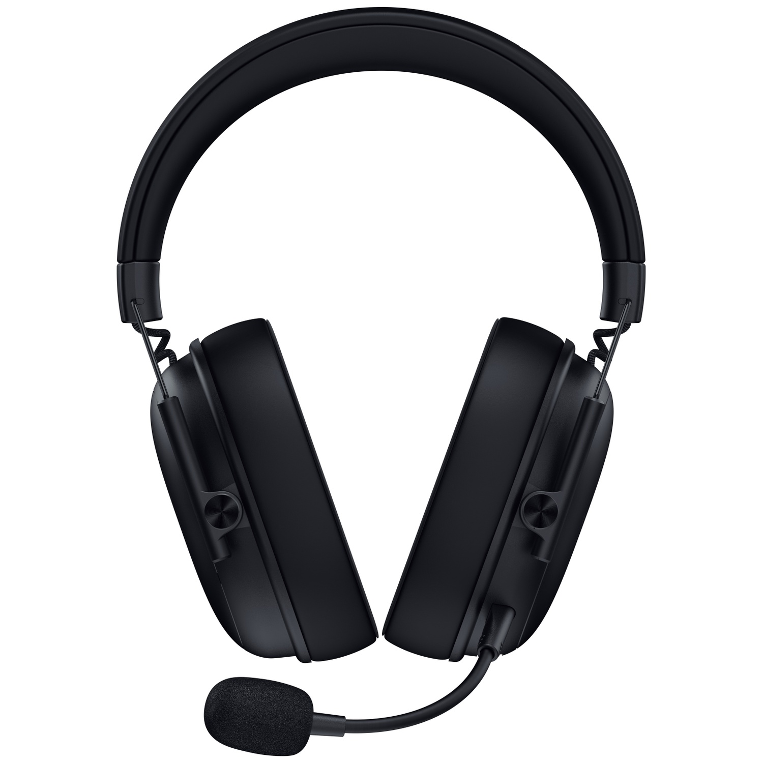 Zwarte headset met een microfoon. De koptelefoon heeft grote oorschelpen en een gewatteerde hoofdband. De microfoon zit op een flexibele arm.