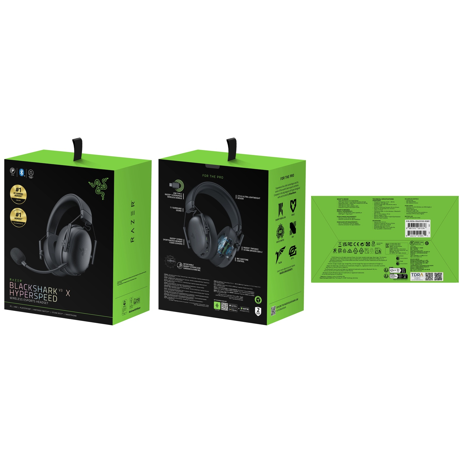 Drie Razer Blackshark V3 X Hyperspeed headset dozen. Zwarte headsets, groene dozen met witte tekst. Bevat diagrammen en logo's.