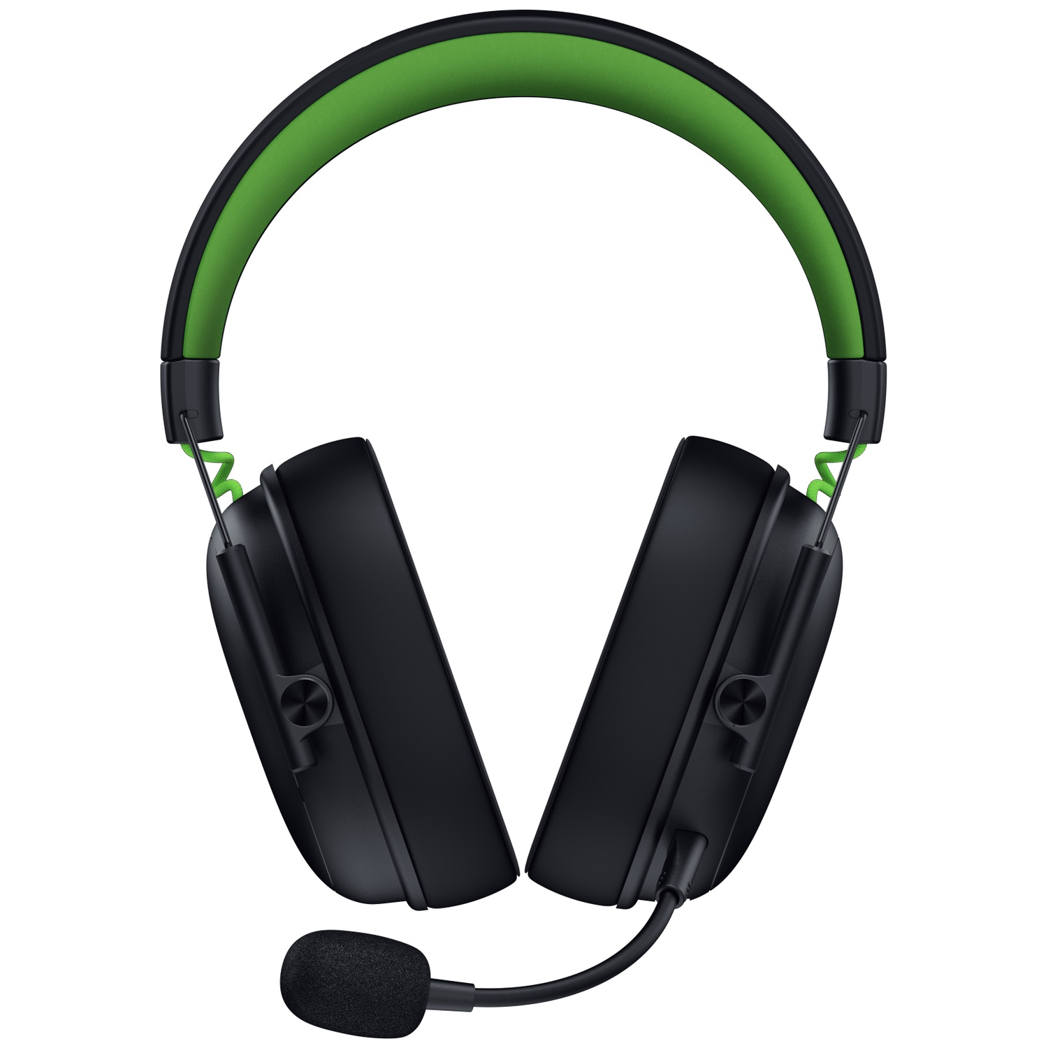 Black gaming headset with green accents. Features a microphone and a padded headband. Isolated on white background.