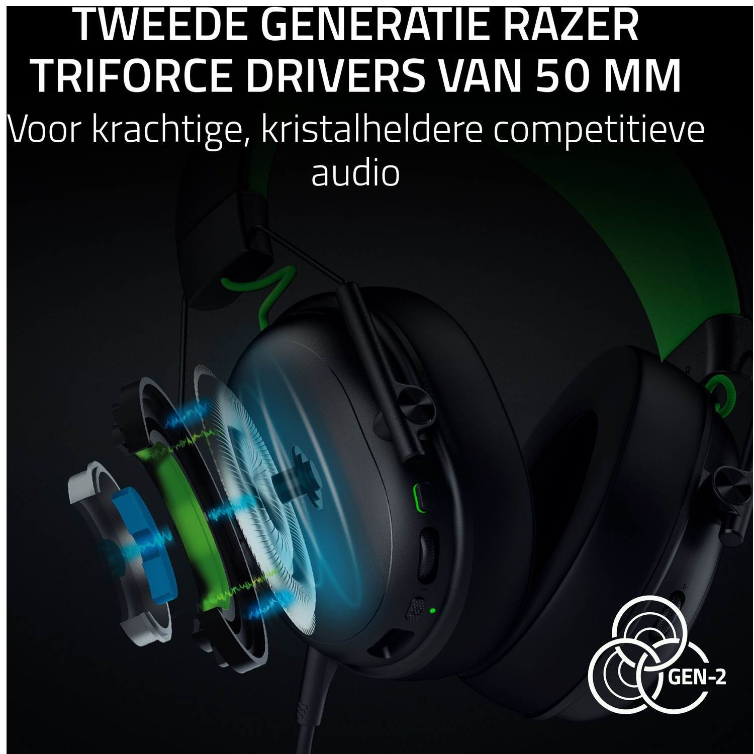 Black and green Razer headphones. Parts of the headphone are shown in an exploded view. Text: Tweede generatie Razer, Triforce drivers.