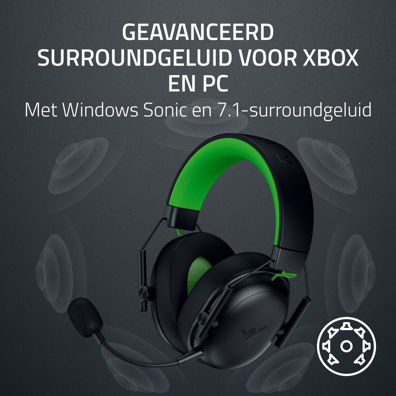 Black and green gaming headset with a microphone. Text above says 'Surround sound for Xbox and PC'.