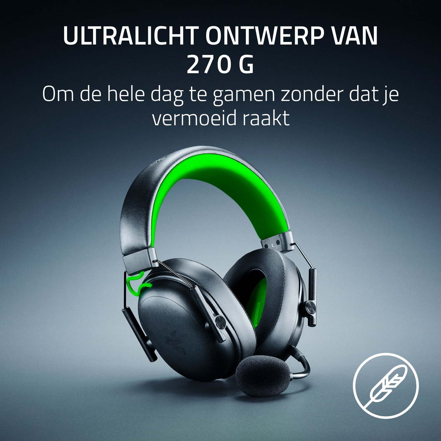 Black and green gaming headset with a microphone. The text says 'Ultralight design', and '270 G'. A feather icon is on the right.