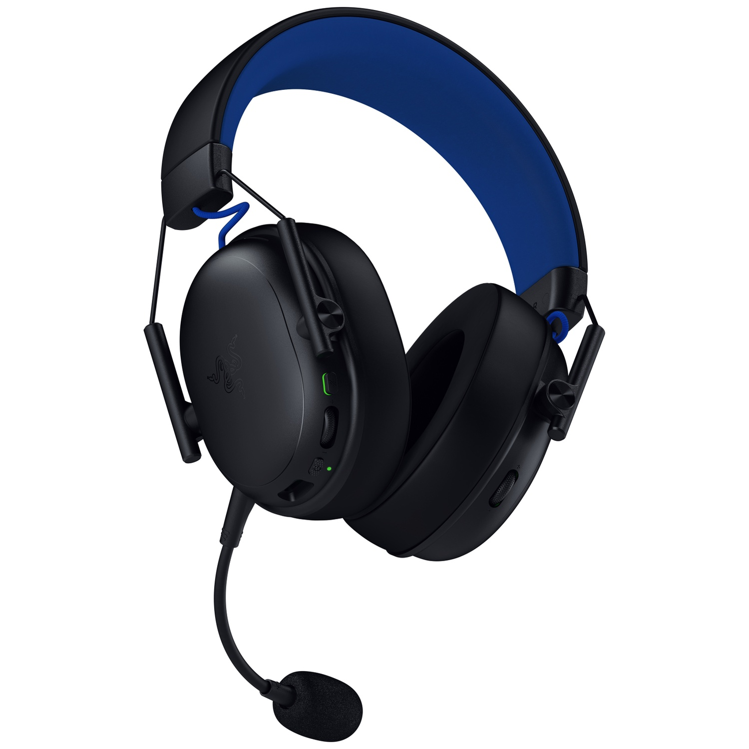 Casque de jeu Razer noir avec bandeau bleu, microphone et boutons. Il est isolé sur fond blanc.