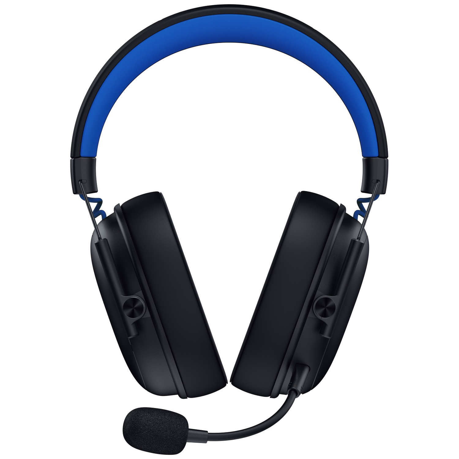 Casque de jeu noir avec bandeau bleu et microphone. Le casque est centré sur fond blanc, légèrement incliné.