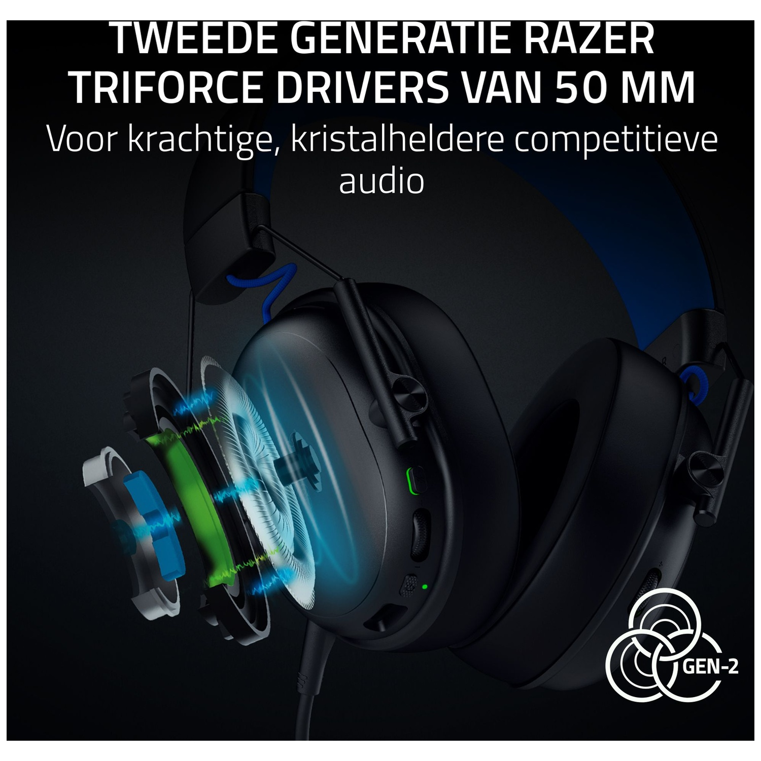 Casque Razer noir avec vue éclatée des composants du haut-parleur. Texte : 'TRIFORCE DRIVERS', 'GEN-2' et texte néerlandais.