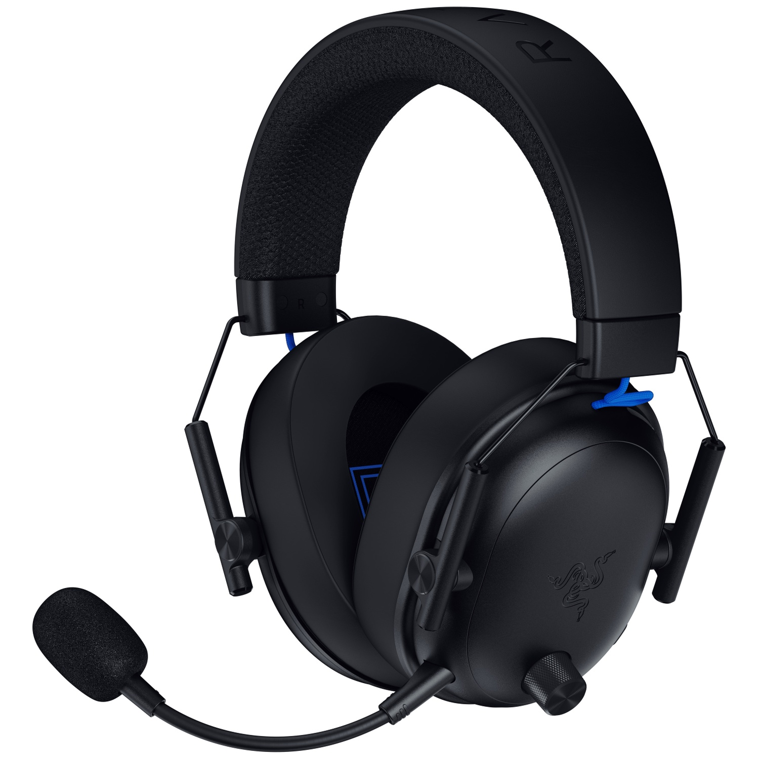 Black gaming headset with a microphone. It has a Razer logo and blue accents. The earcups are large and circular.