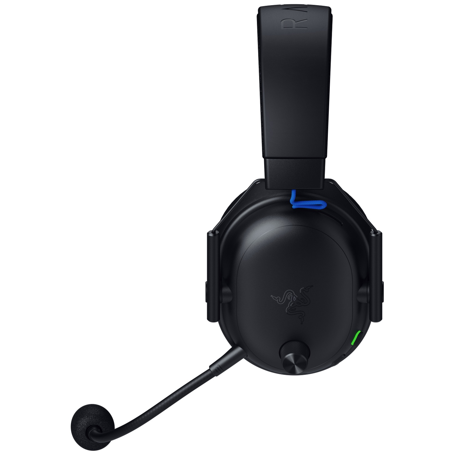 Black Razer gaming headset with a flexible microphone, blue accents, and a green indicator light, set against a white backdrop.
