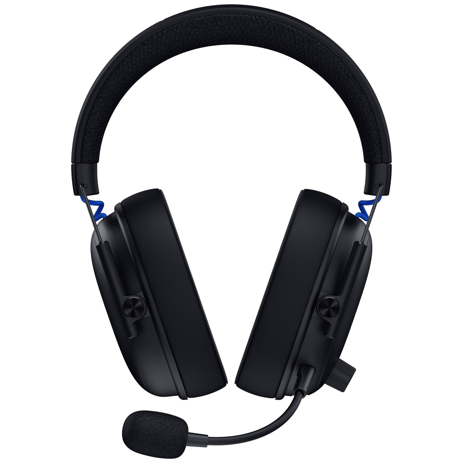 Black gaming headset with a microphone. The headset has a padded headband and earcups. Blue accents are visible.