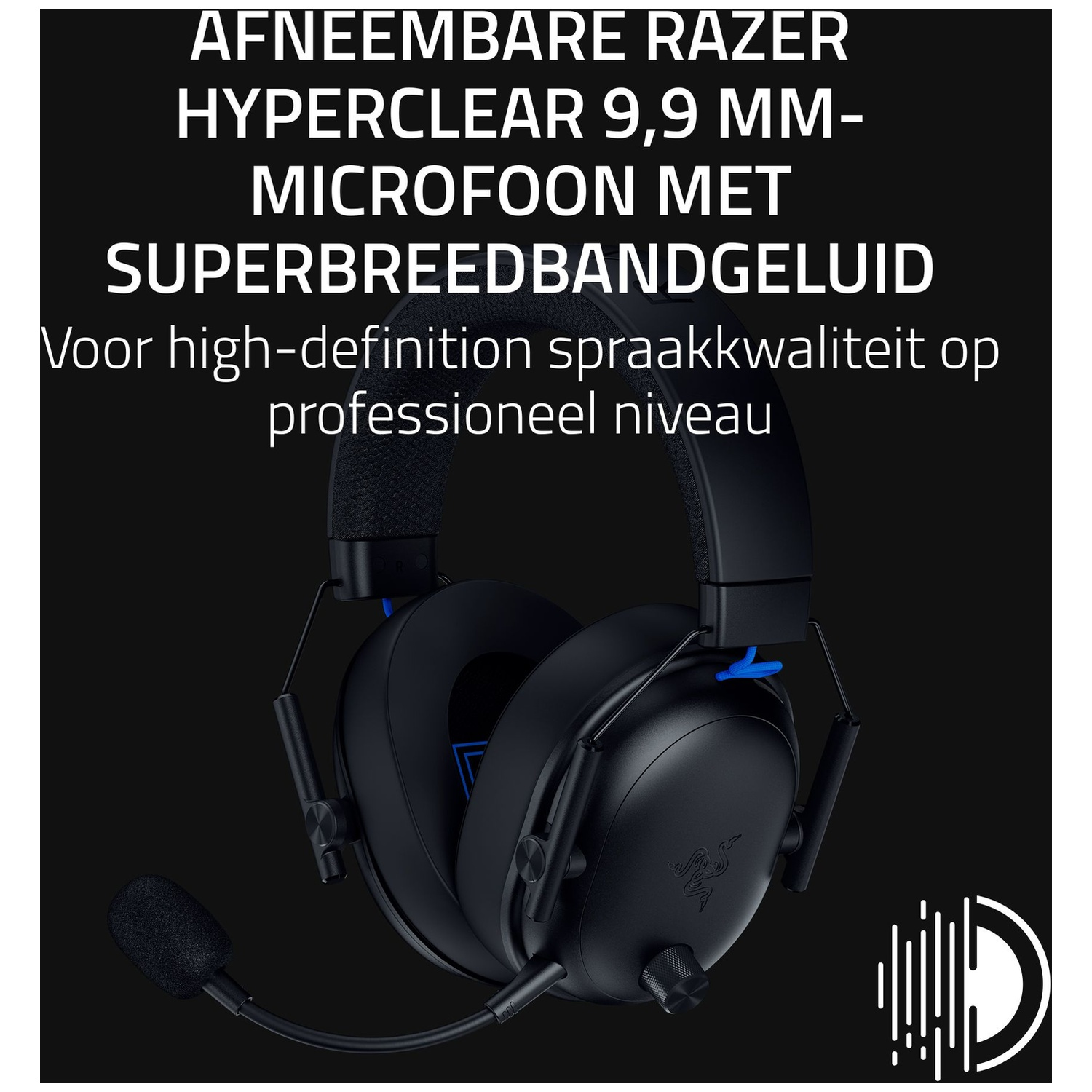 Black Razer headset with a detachable microphone. Text in white on top: 'AFNEEMBARE RAZER HYPERCLEAR...SUPERBREEDBANDGELUID'.