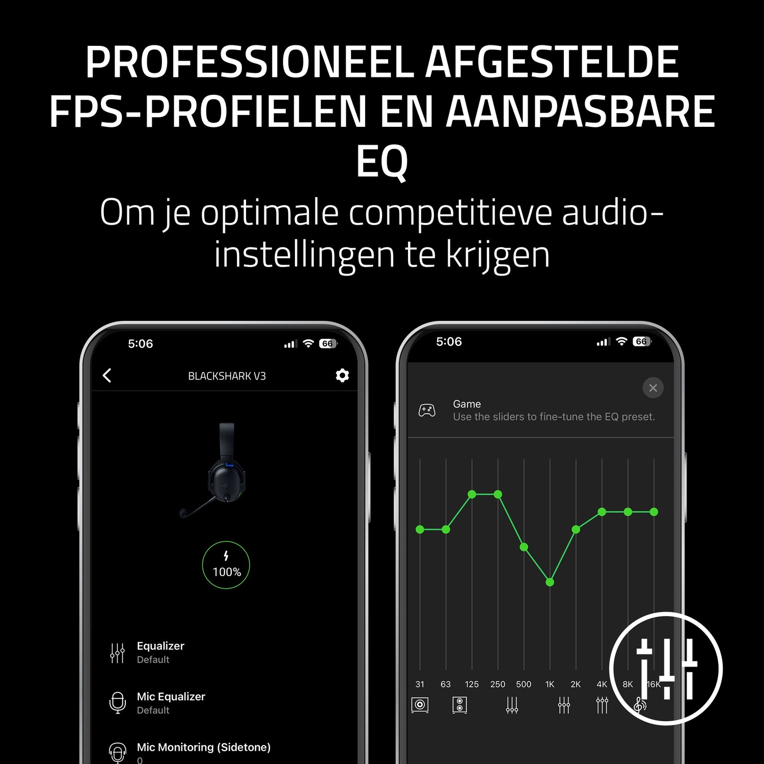 Two phones display audio settings. The left shows a headset and equalizer. The right shows an EQ graph.