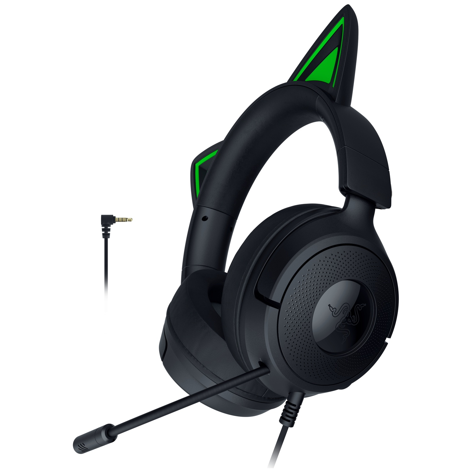 Casque Razer noir avec oreilles de chat et micro. Les oreilles ont des accents verts. Une prise jack 3,5 mm est visible.