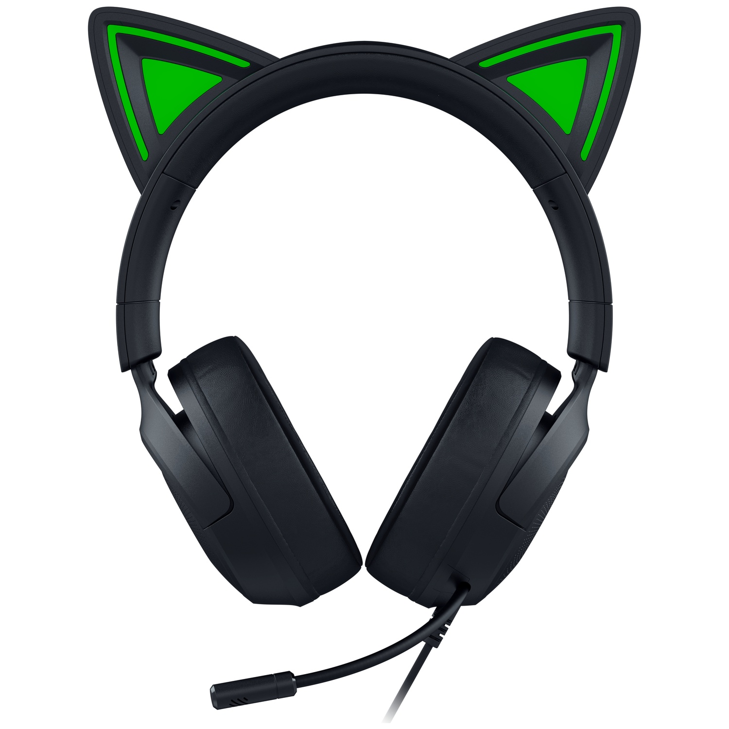 Casque noir avec oreilles de chat et détails verts. Inclut un micro et un câble. Le fond est blanc.