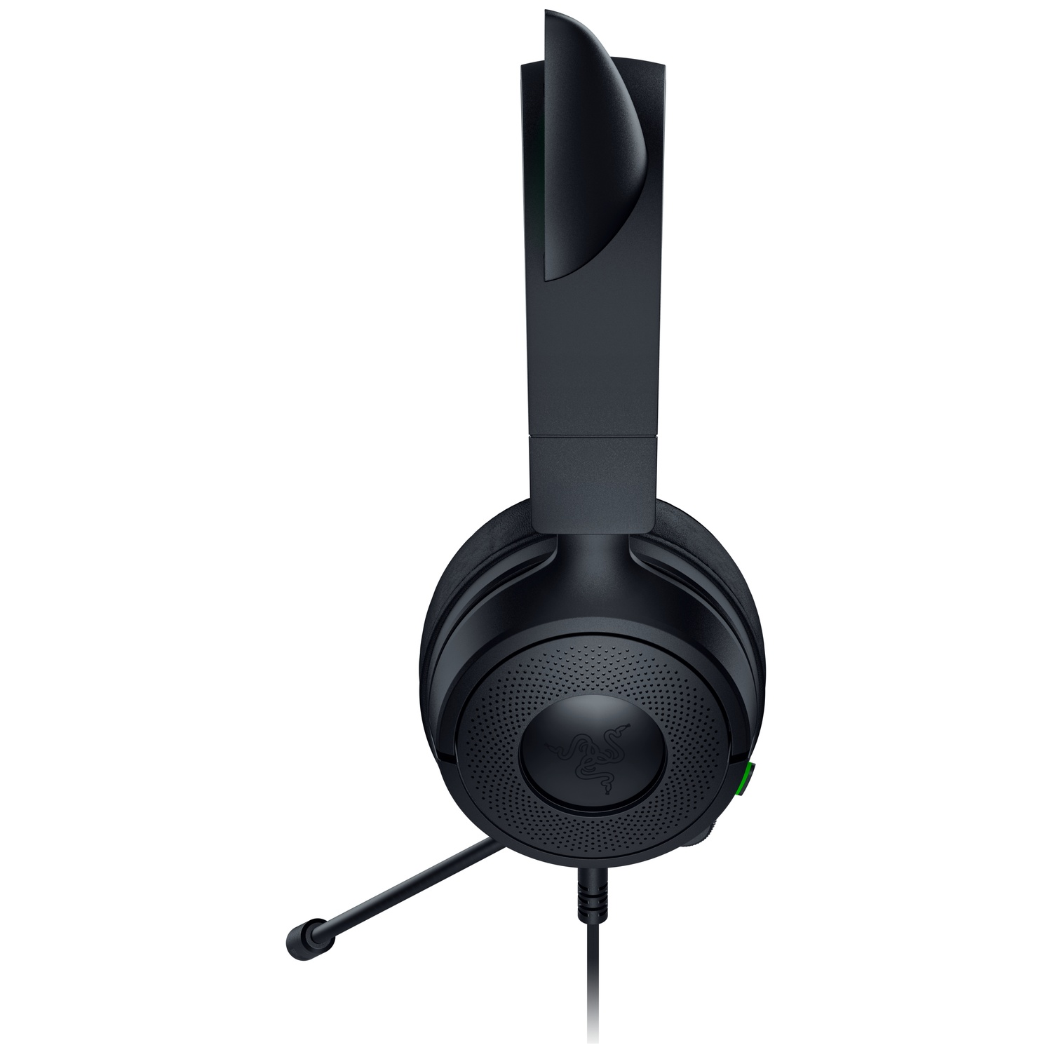 Casque Razer noir avec microphone. Il possède le logo Razer sur l'écouteur et un bouton vert. Le fond est blanc.
