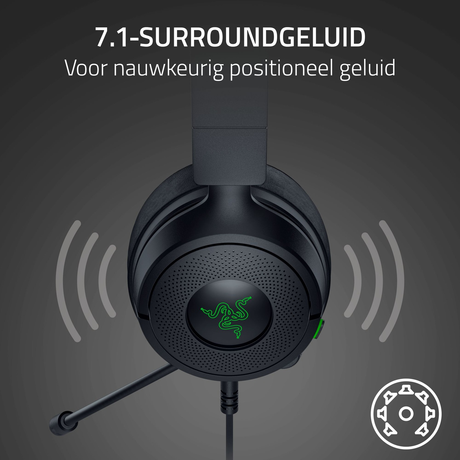 Casque de jeu noir sur fond gris avec texte. Il comporte un microphone et le logo Razer. Des ondes sonores sont affichées.