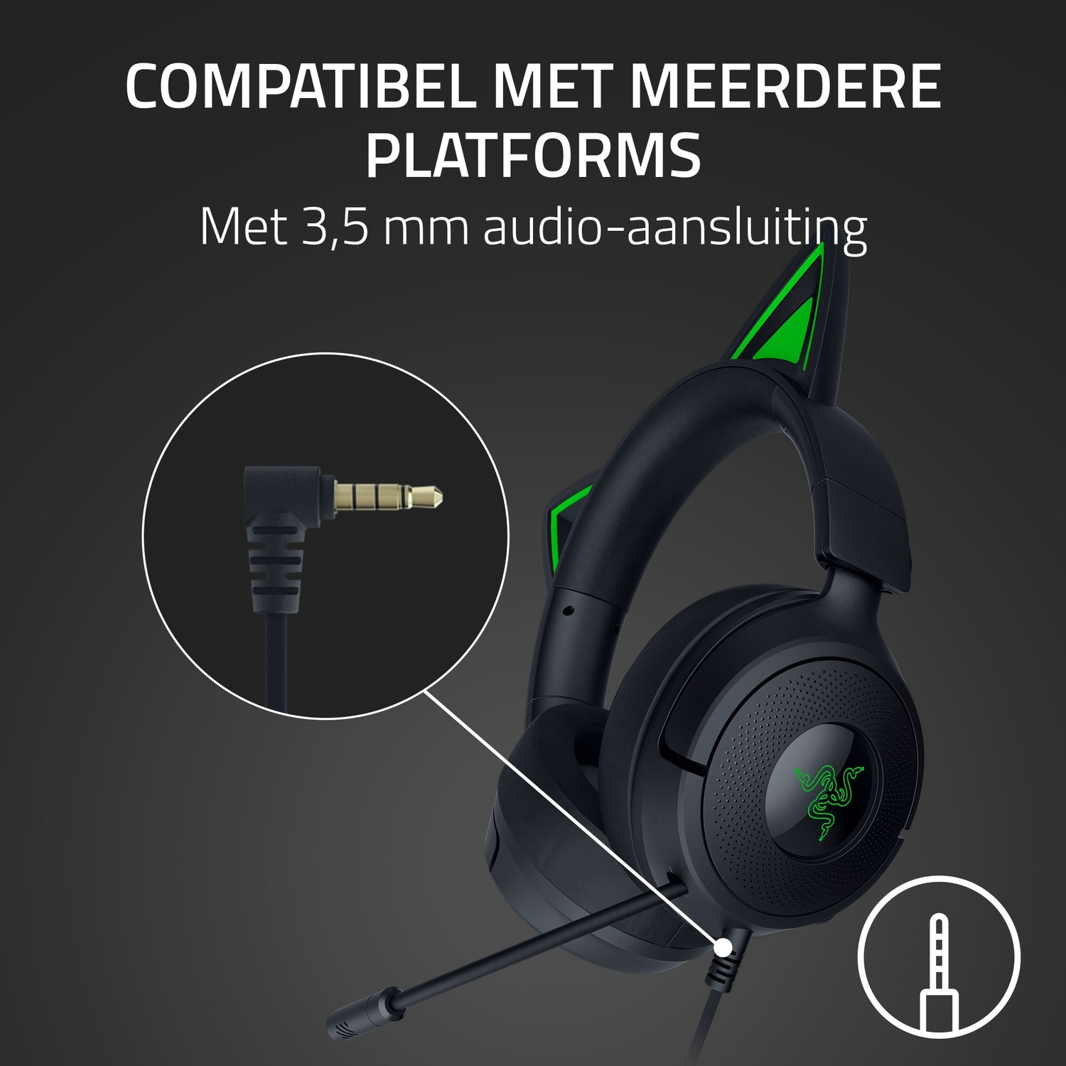 Casque de jeu noir avec des accents verts et une prise audio 3,5 mm, présenté sur un fond sombre.