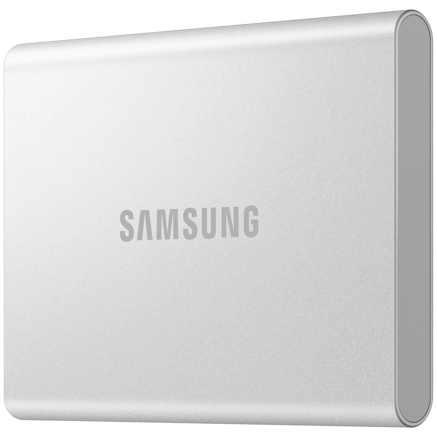 A silver Samsung external hard drive. The device is rectangular with rounded edges and the brand name is printed on it.