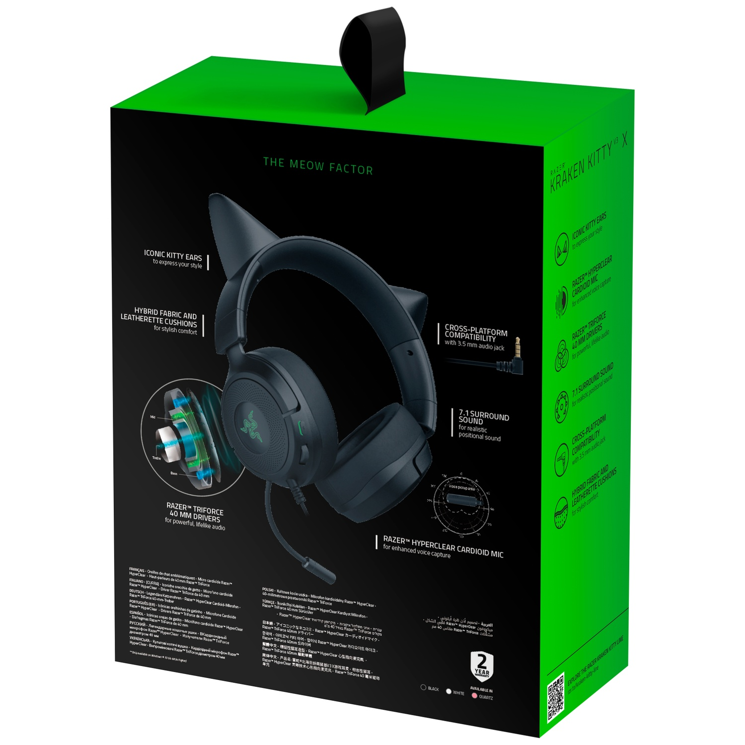 Boîte montre le casque Razer Kraken Kitty X. Oreilles de chat, son 7.1 et pilotes 40 mm sont inclus.