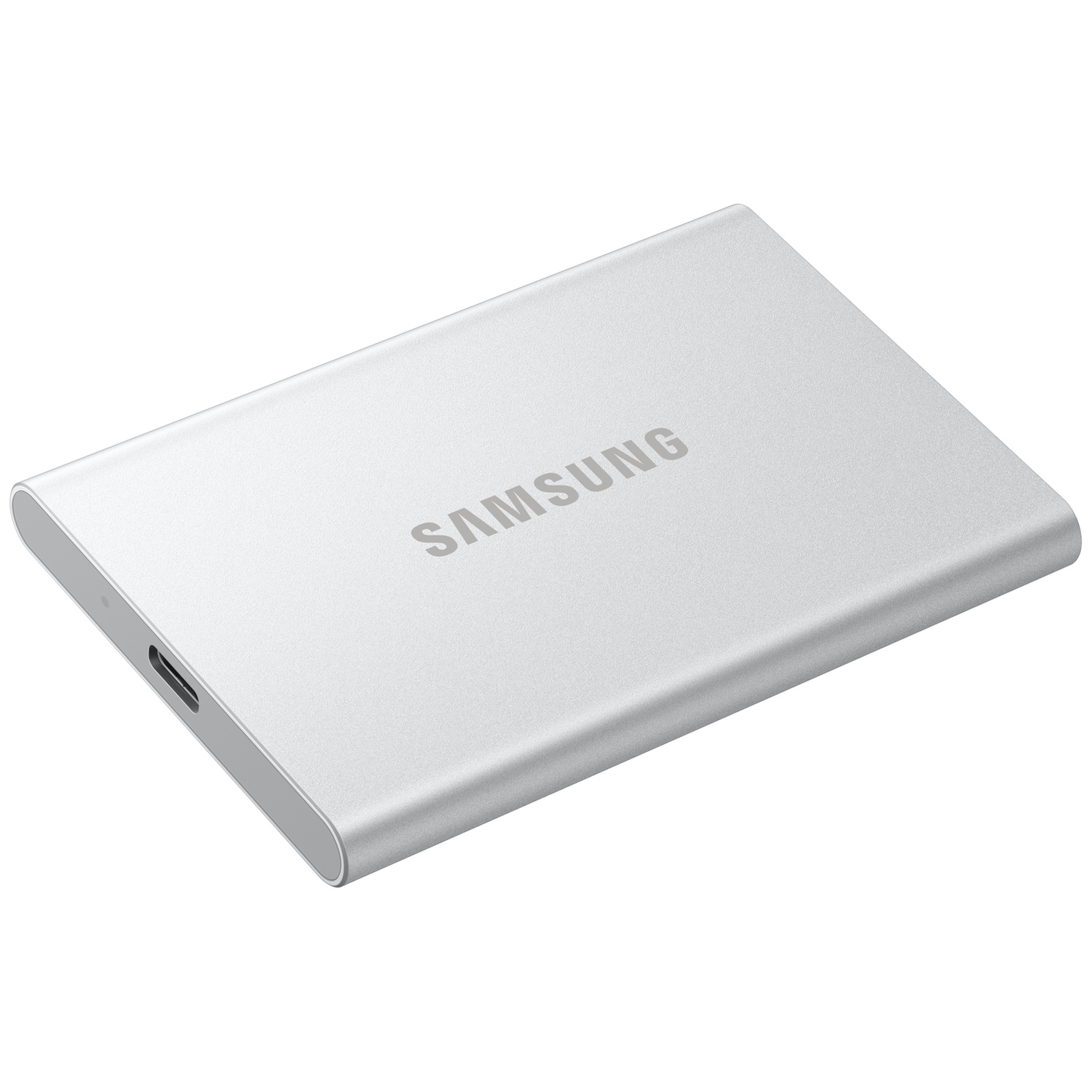 Silver Samsung portable SSD. It has a USB-C port, and Samsung is printed on the top. The background is white.
