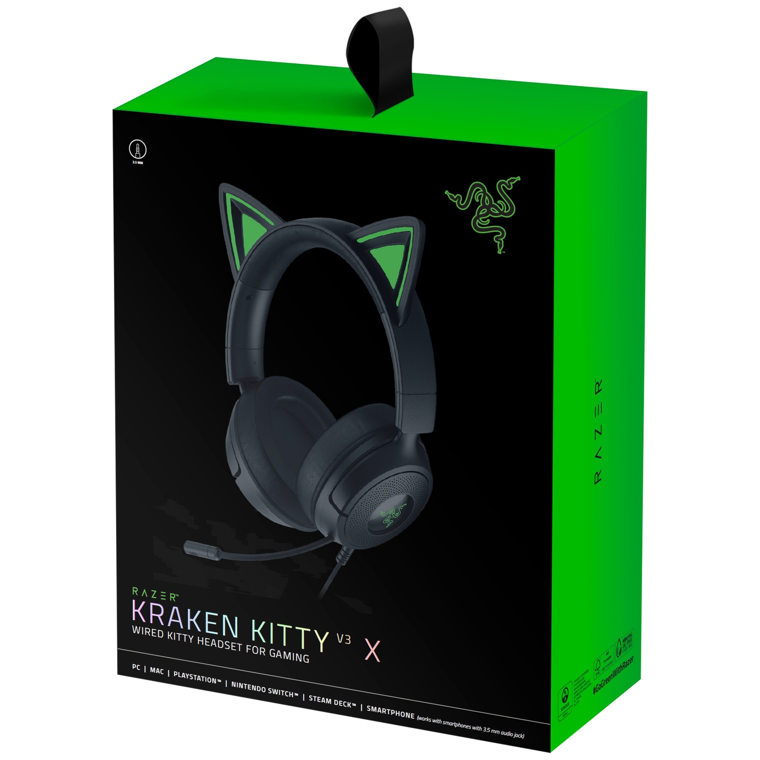 La boîte présente un casque Razer Kraken Kitty V3 X. Le casque est noir avec des touches de vert. La boîte est noire et verte.
