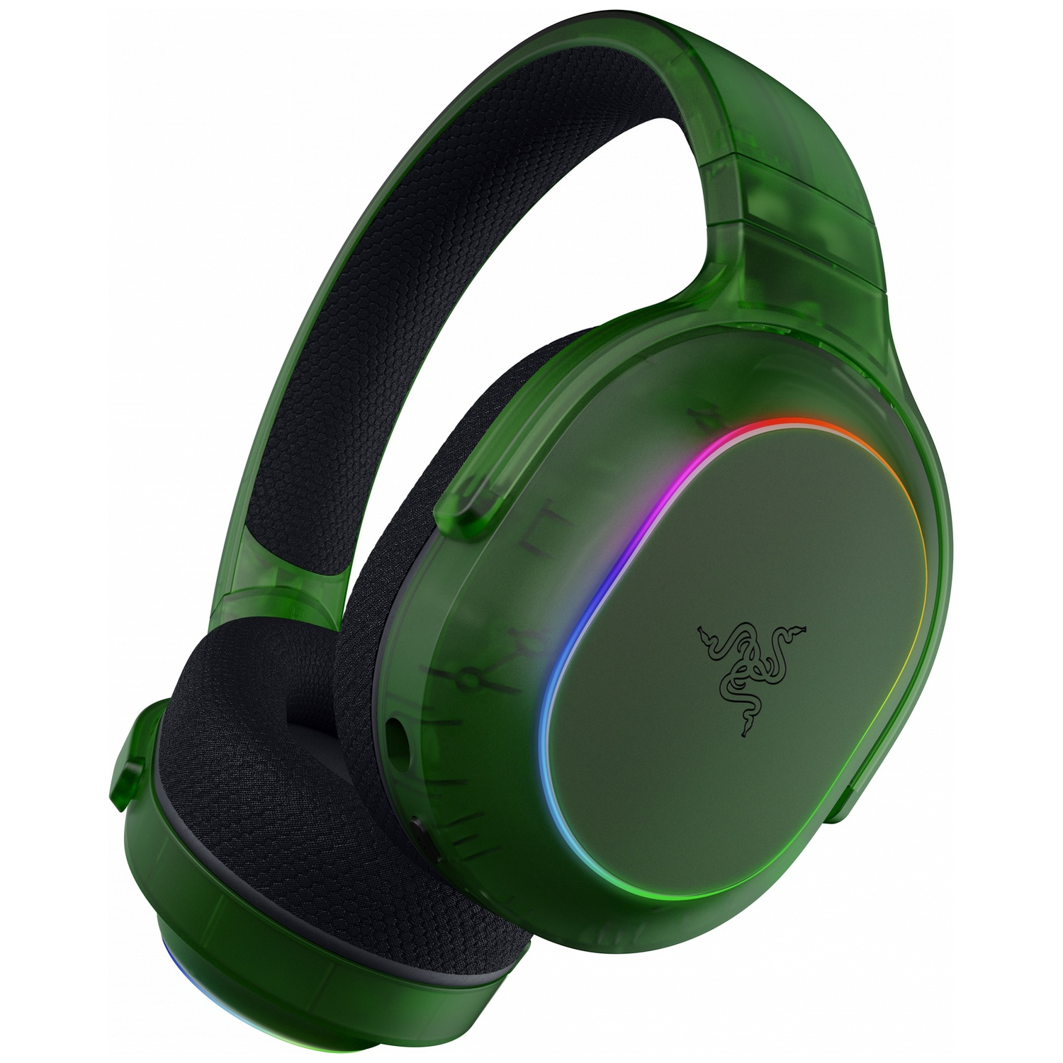 Casque de jeu Razer vert avec coussinets noirs et un contour arc-en-ciel brillant. Le logo Razer est visible.