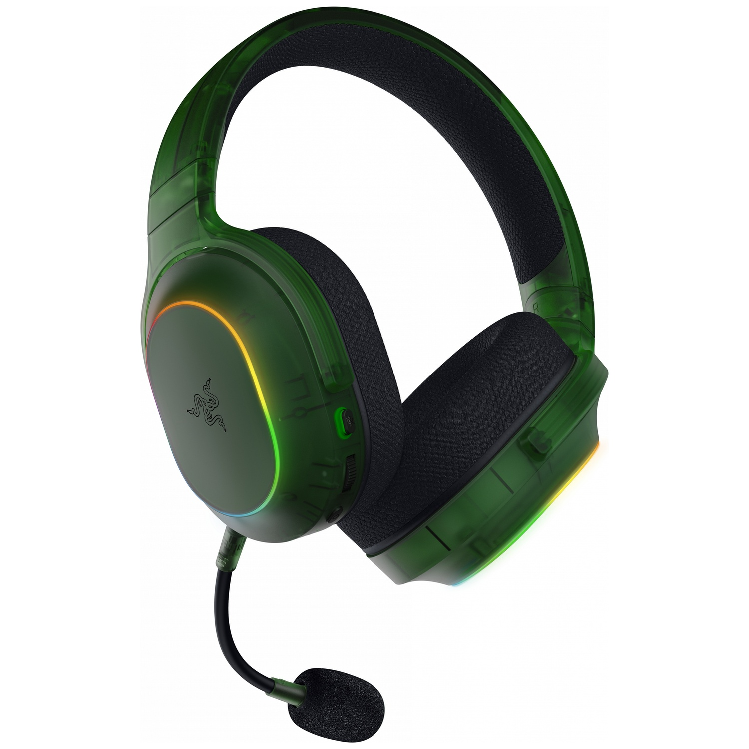 Casque de jeu vert avec microphone noir. Les écouteurs ont des lumières arc-en-ciel. Le fond est blanc.