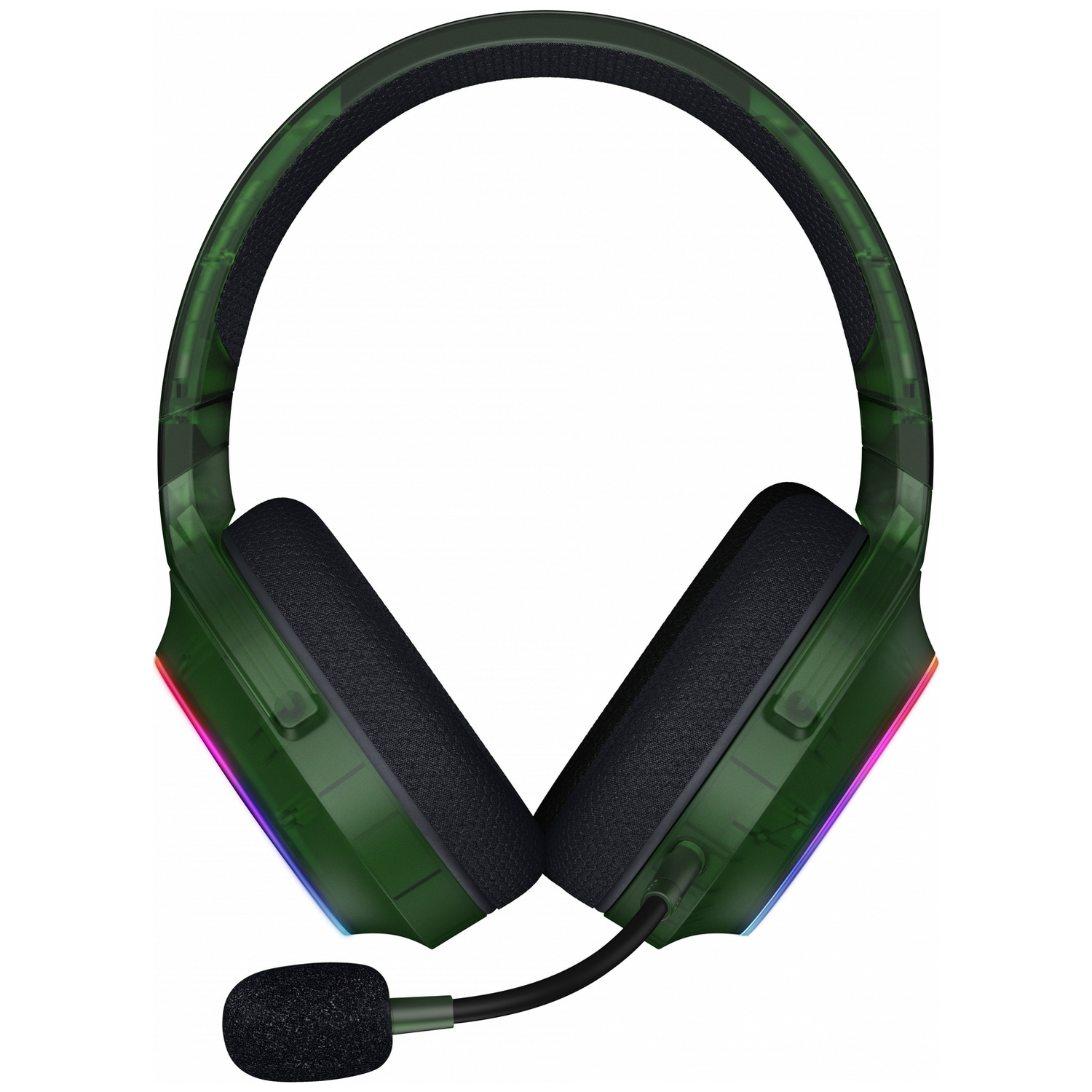 Casque de jeu vert avec microphone noir sur fond blanc. Le casque est équipé de lumières RVB.
