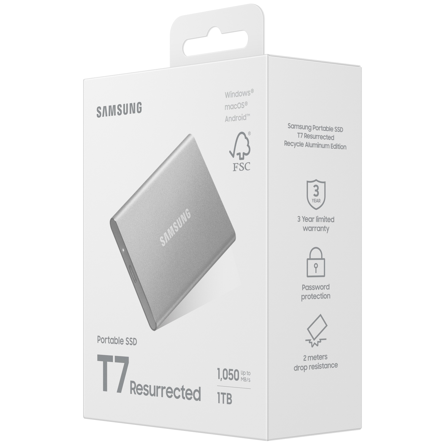 A Samsung T7 Resurrected portable SSD box. It's silver and white, with the product name and specifications listed on the box.