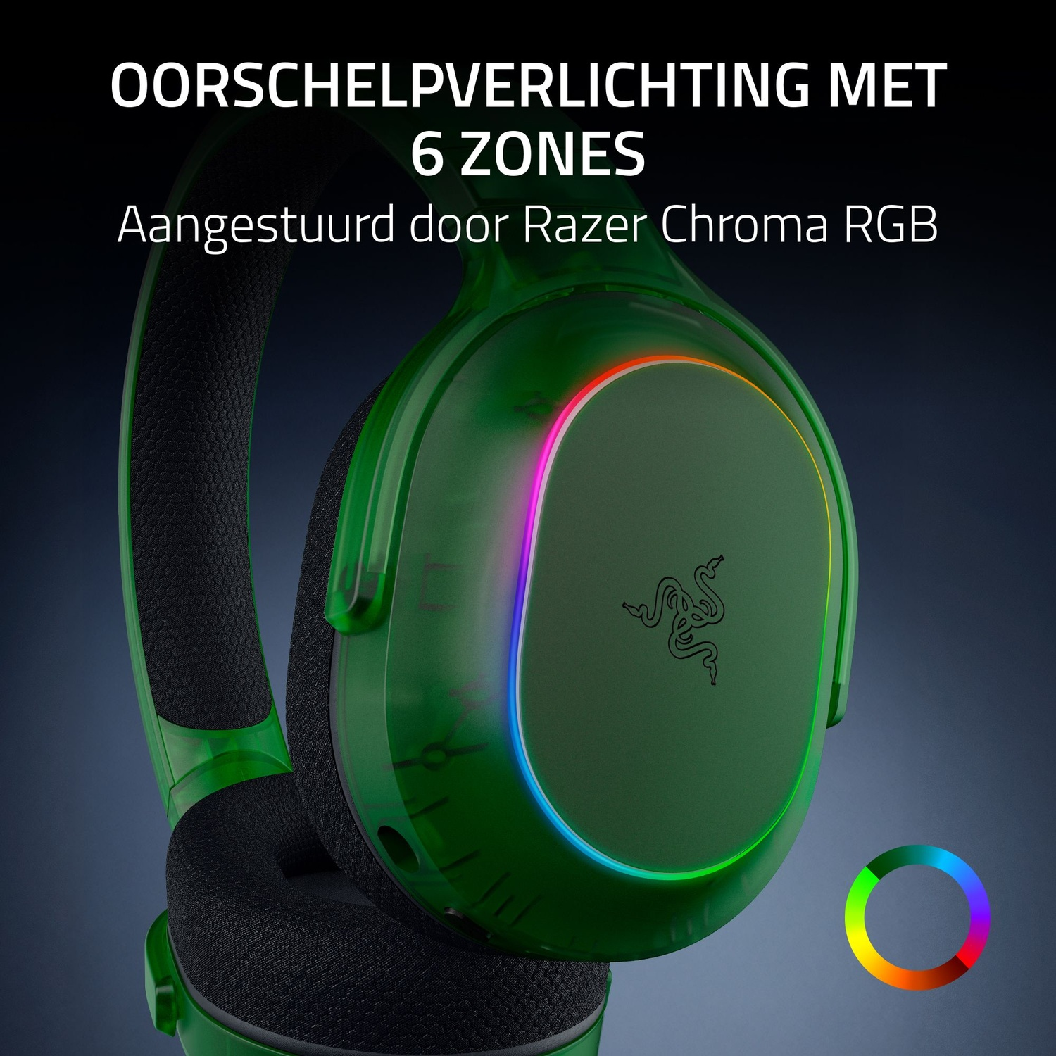 Casque de jeu vert avec logo Razer, illuminé de couleurs arc-en-ciel. Texte : 'OORSCHELPVERLICHTING MET 6 ZONES. Aangestuurd door Razer Chroma RGB'.