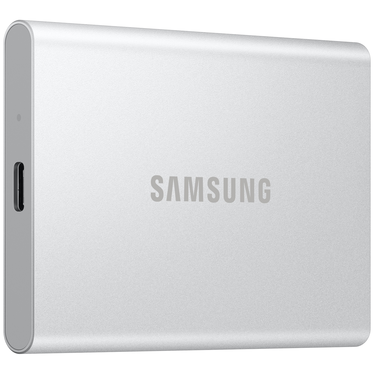 A silver Samsung external hard drive. The Samsung logo is on the front. Has a USB-C port and a status LED.