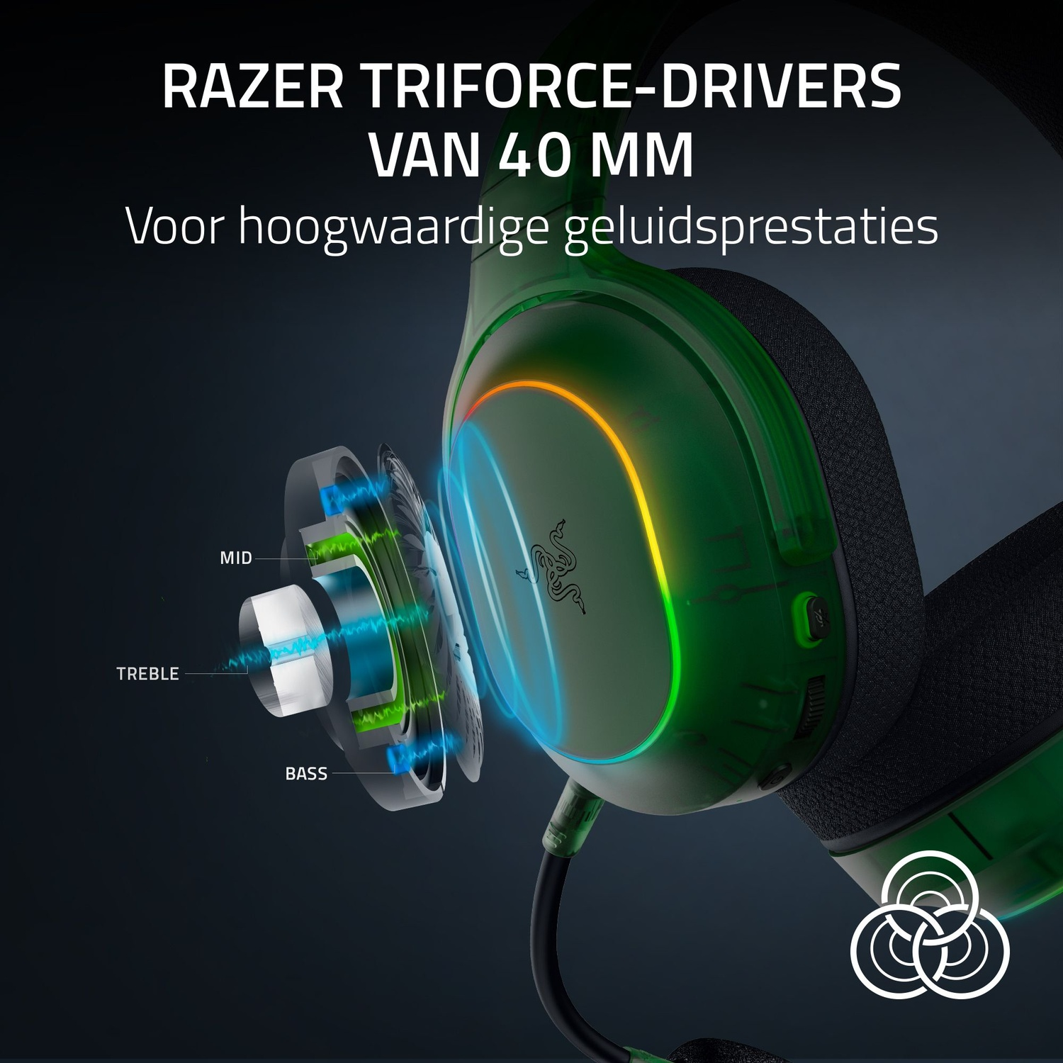 Casque Razer vert avec un schéma de haut-parleur montrant les fréquences moyennes, aiguës et basses. Le texte dit 'RAZER TRIFORCE-DRIVERS'.