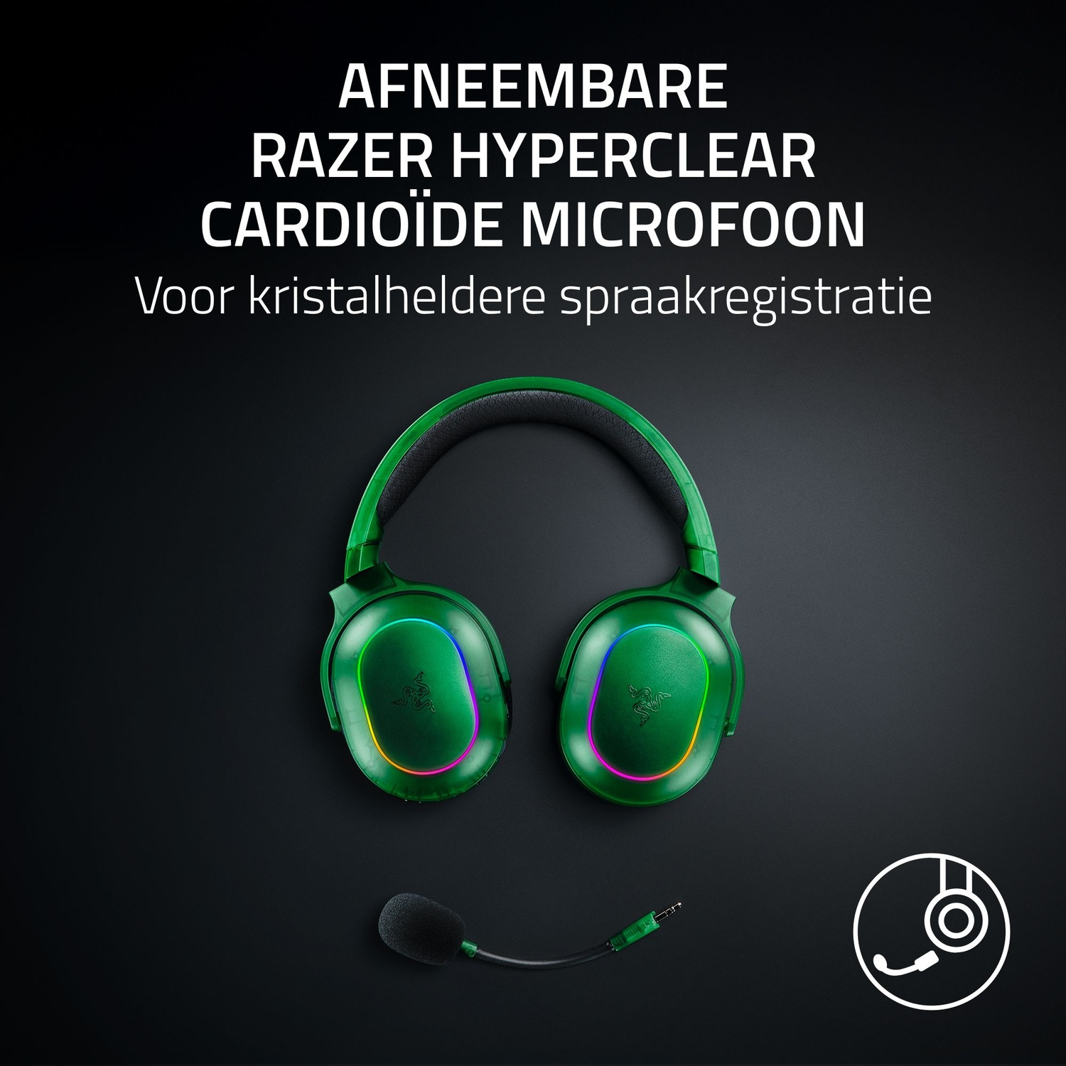 Casque Razer vert avec microphone détachable. Texte en haut: Micro cardioïde Razer Hyperclear, pour un enregistrement vocal clair.