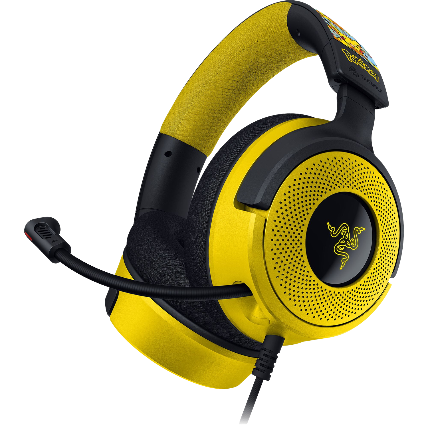 Gele en zwarte Razer gaming headset met microfoon. Heeft een Pokémon thema en Razer logo.