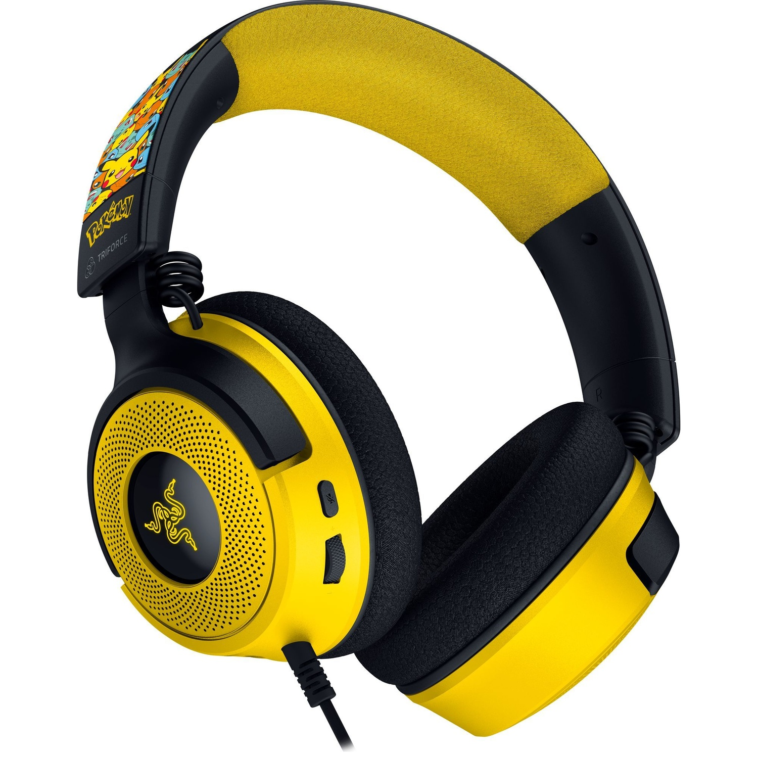 Geel en zwart Razer Pokemon-headset. Voorzien van Pokemon-ontwerpen op de hoofdband, gele oorschelpen en zwarte oorkussens.