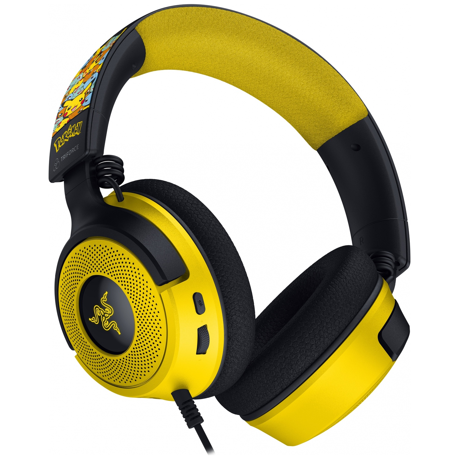 Gele en zwarte Razer gaming koptelefoon. Voorzien van het Pokemon logo en design. Heeft een bedrade verbinding.