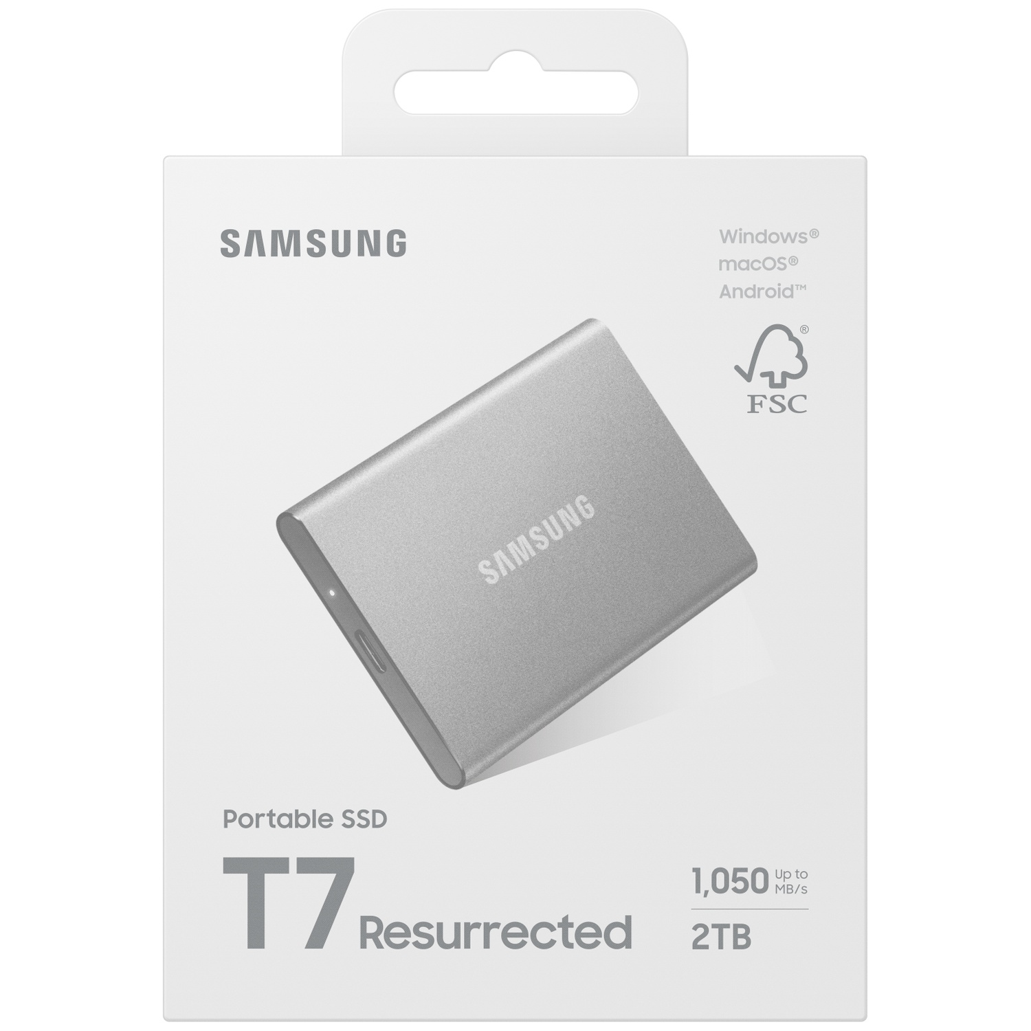A silver Samsung T7 Portable SSD is displayed. The packaging shows Windows, macOS, Android compatibility, and FSC certification.