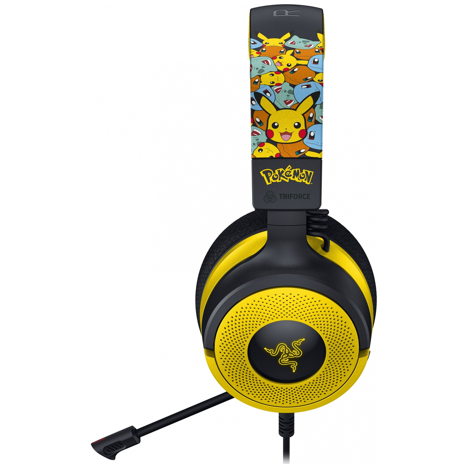 Gele en zwarte Razer-koptelefoon met Pokémon-personages. Pikachu en andere Pokémon staan op de hoofdband. Een microfoon is bevestigd.