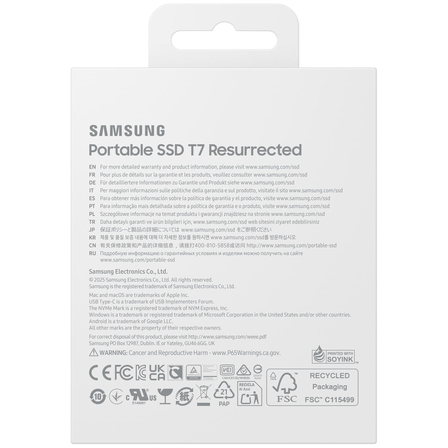 White Samsung Portable SSD T7 Resurrected box with text in multiple languages. Includes recycling symbols and warning labels.